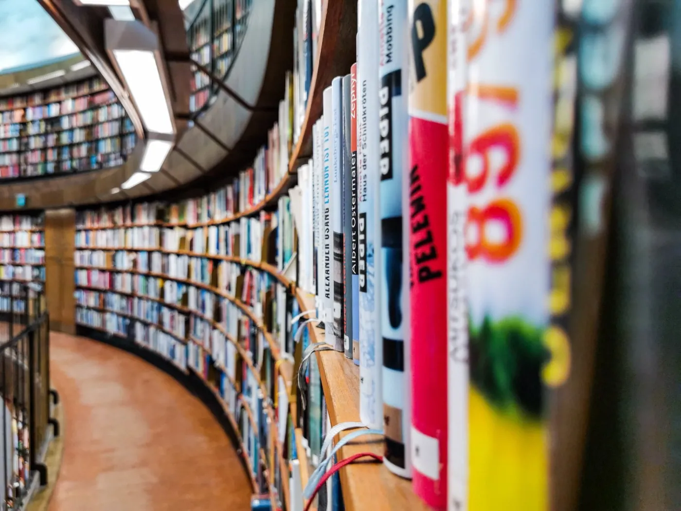 Rows of books on curved library shelves