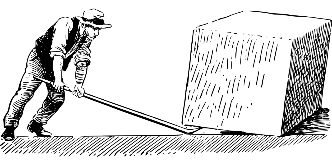 A drawing of a man using a long lever to move a huge stone block