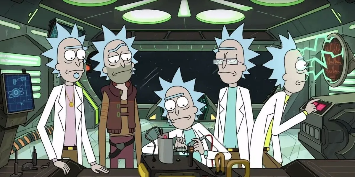 A scene from Rick and Morty with many versions of Rick in one room