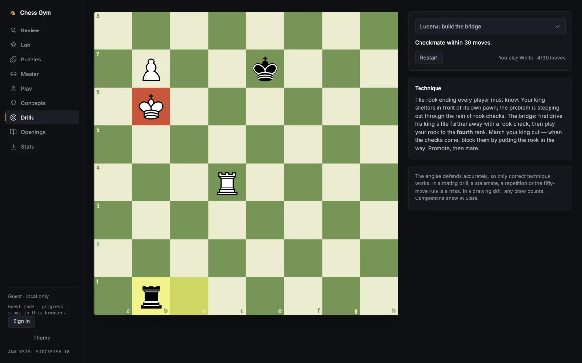The Lucena drill, four moves in
