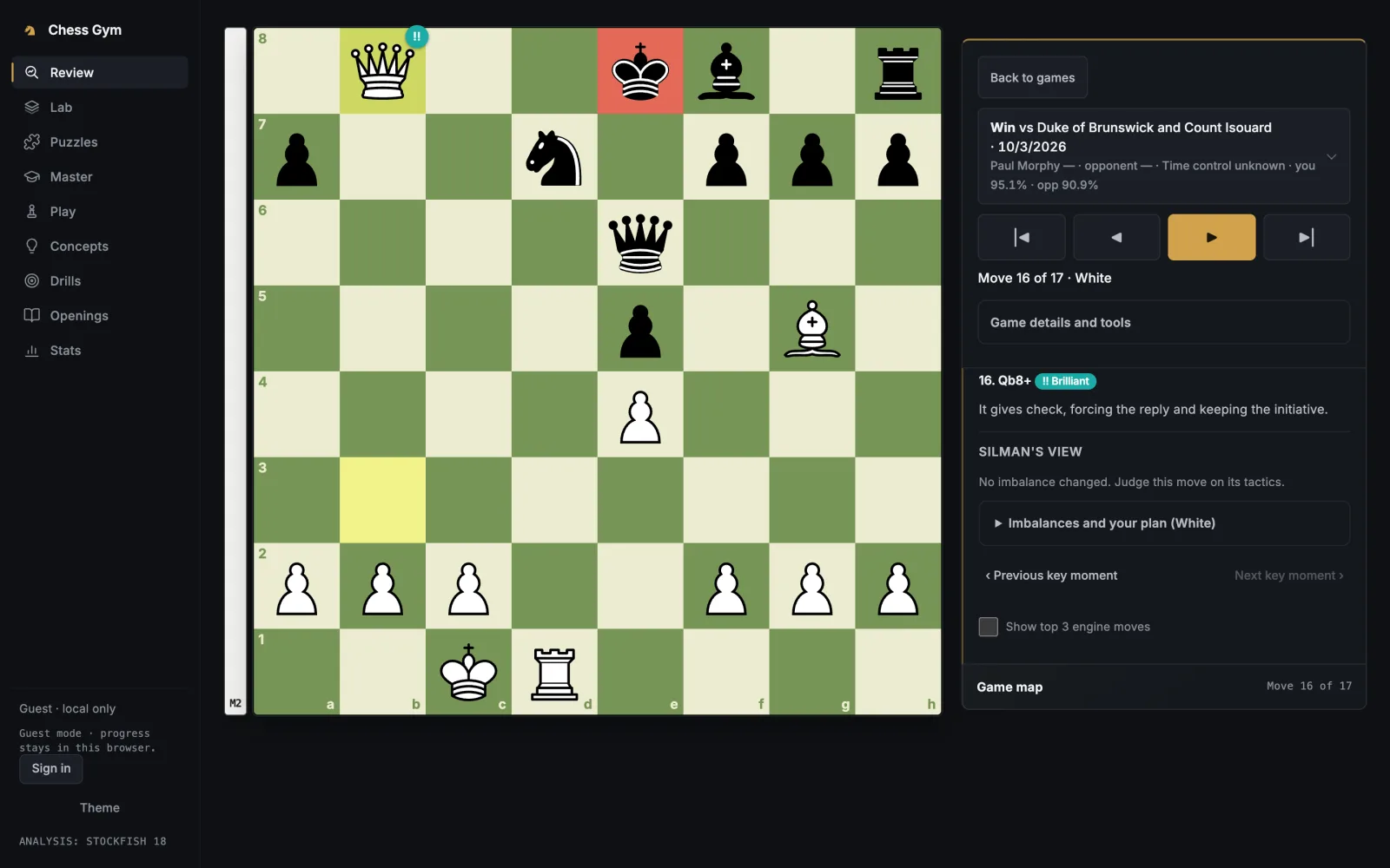 Game review on a laptop: Stockfish marks 16.Qb8+ as Brilliant