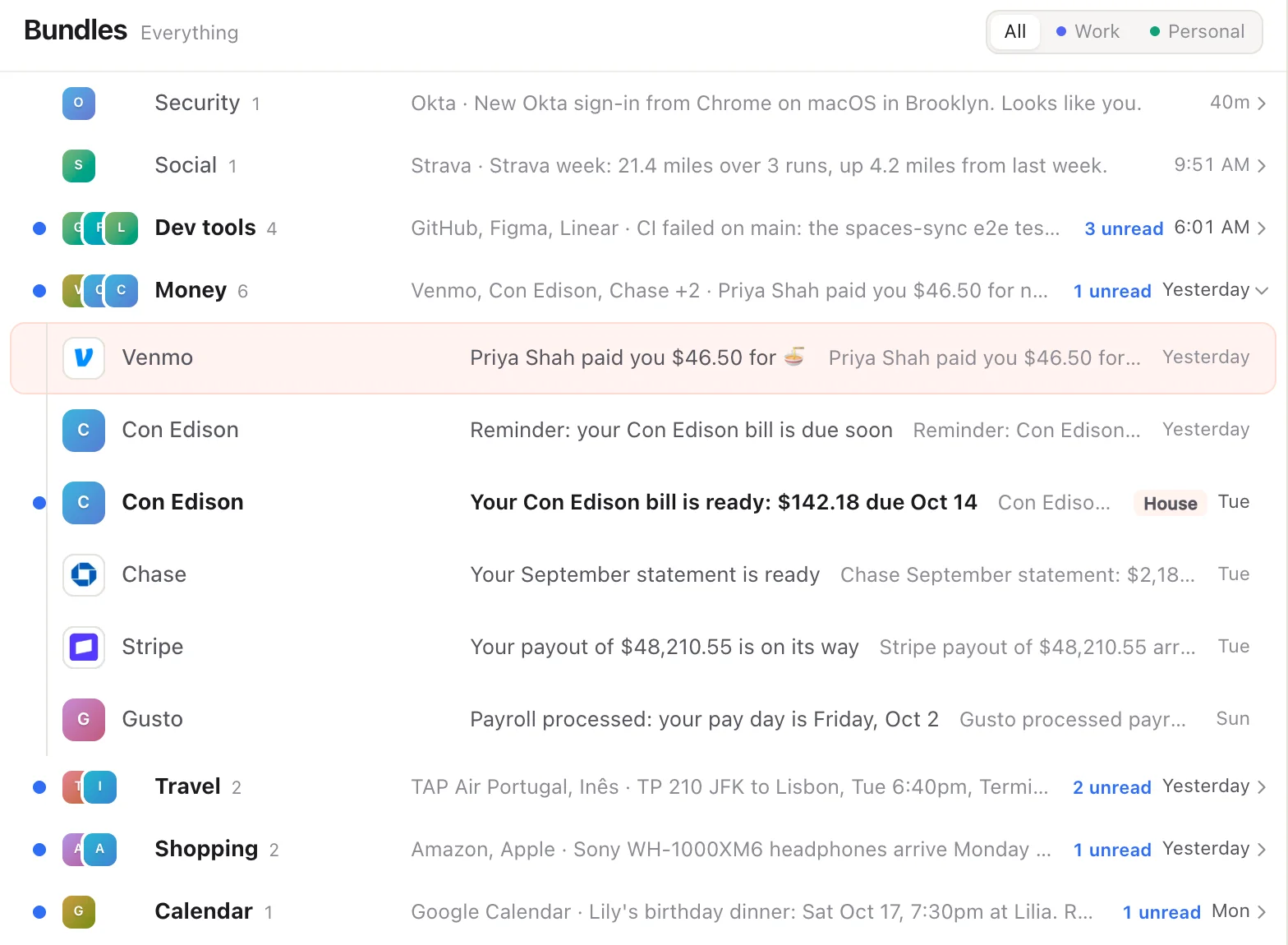 The Bundles view with Money open: Venmo, Con Edison, Chase, Stripe, and Gusto