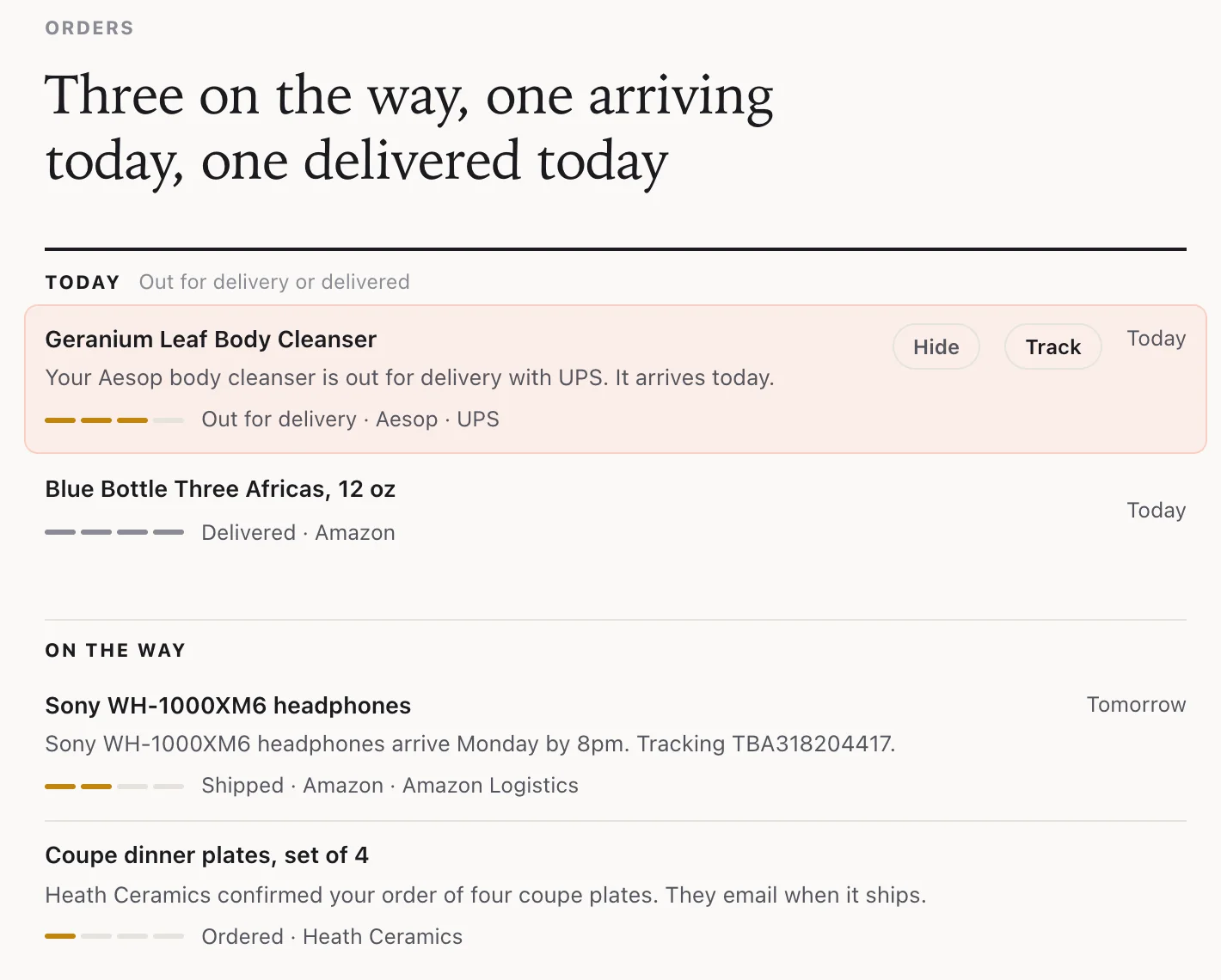 Orders: one arriving today, one delivered, and two on the way
