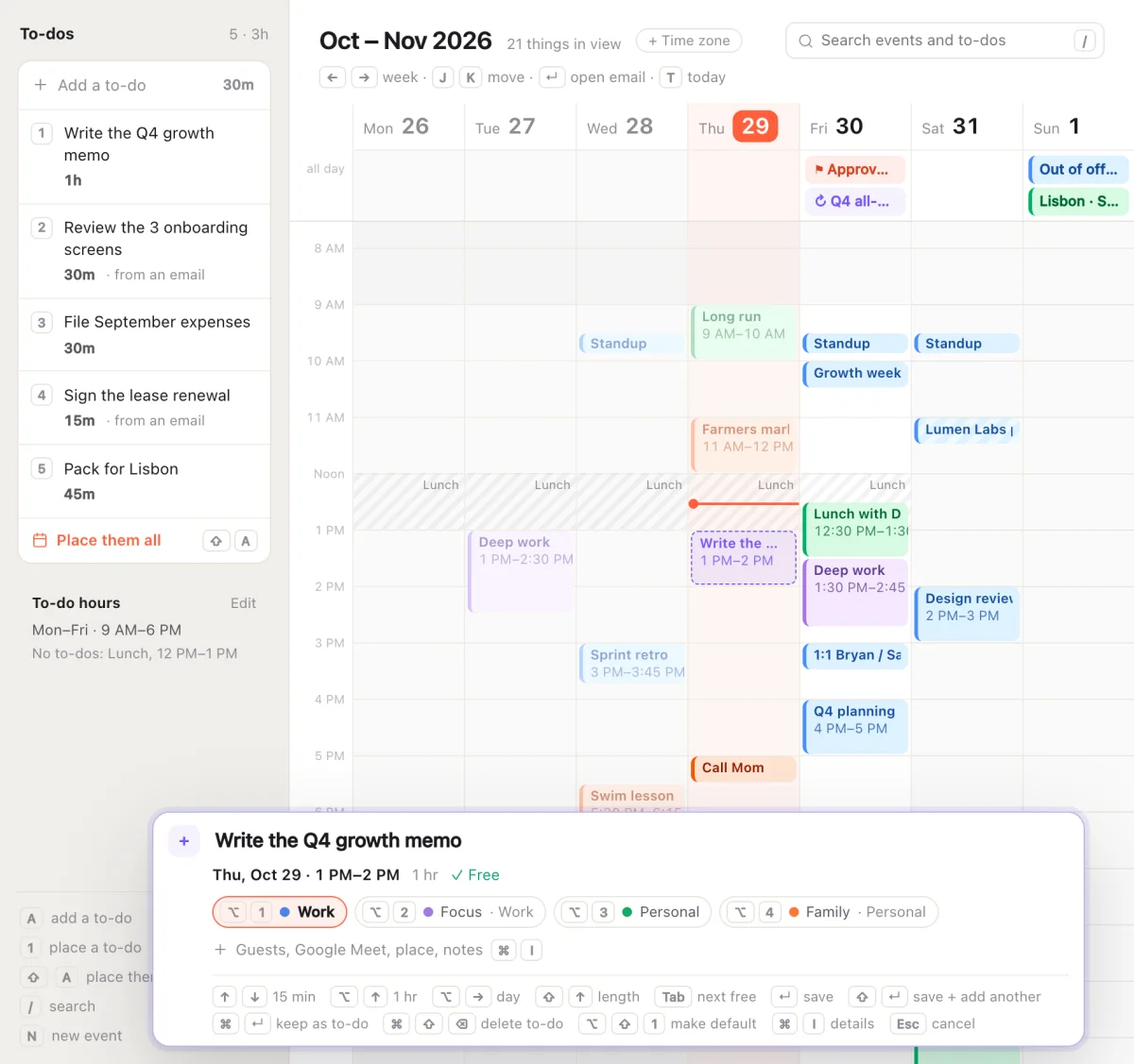 Five to-dos beside the week, with “Write the Q4 growth memo” drafted at 1 PM on a free Thursday