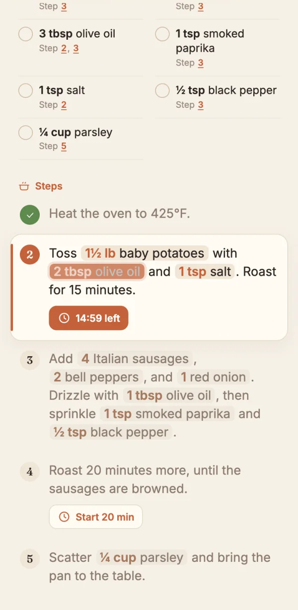 Cook mode, with amounts inside each step