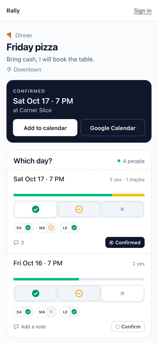 The confirmed plan with calendar buttons