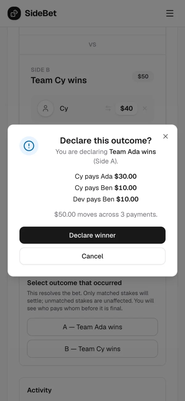 The declare dialog, with the three payments it will create