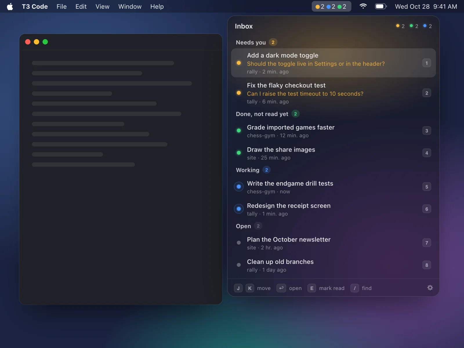 The inbox under the menu bar: two threads need me, two are done, and two are working