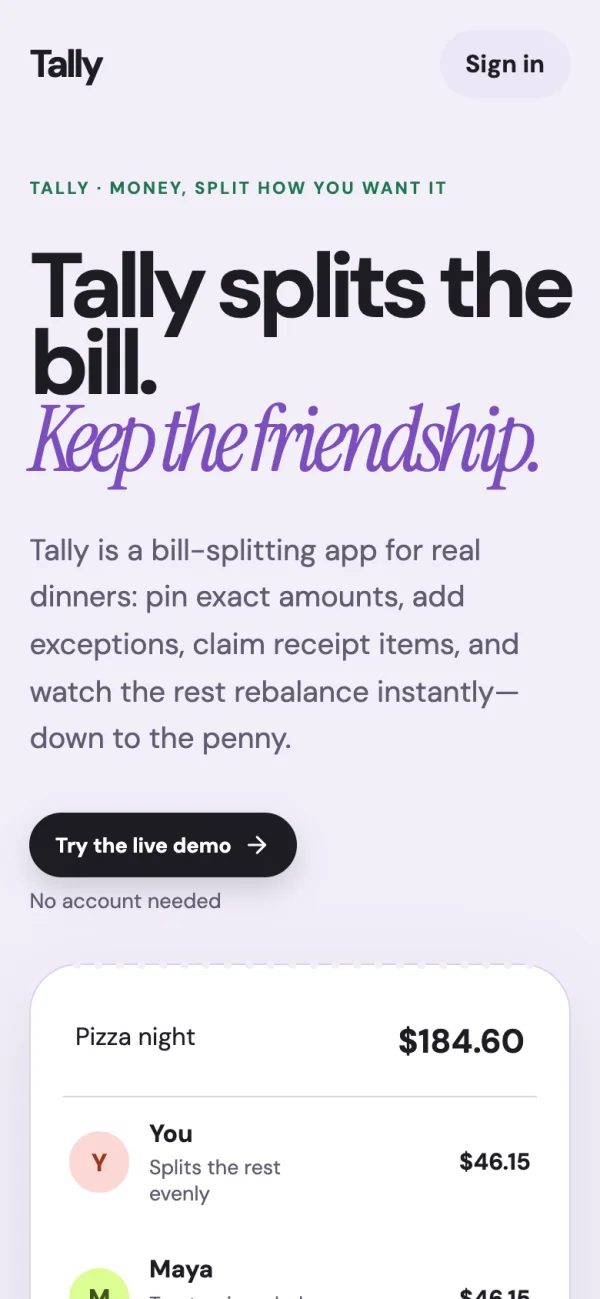 The Tally home page on a phone